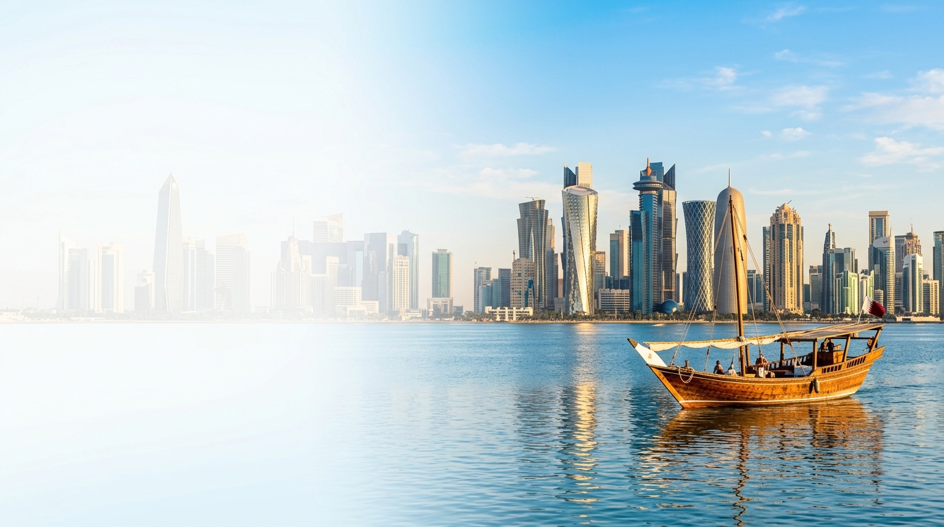 Doha Qatar skyline with traditional dhow boat on water